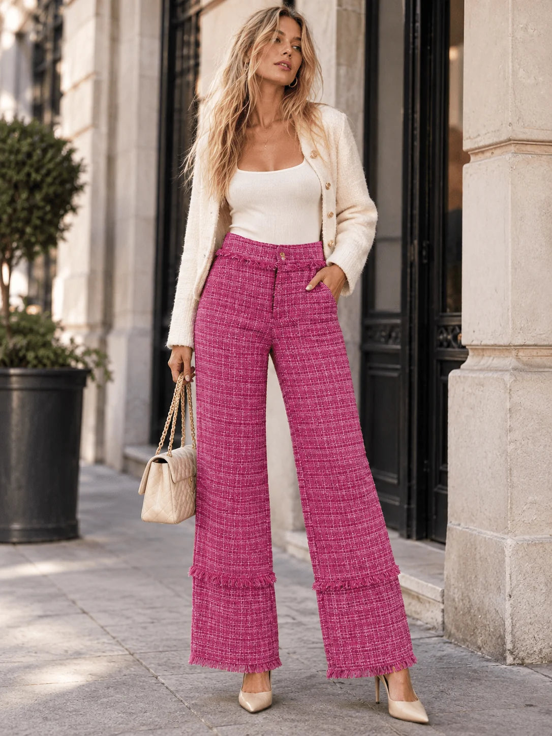 Fringe Benefits Pink  Tweed Trousers